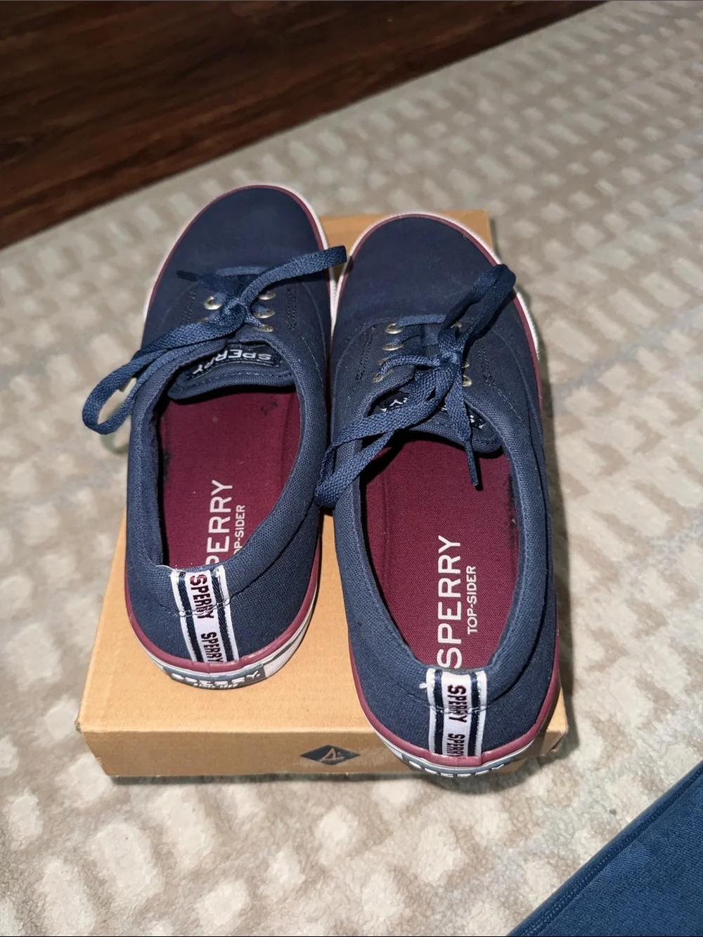 Sperry Navy Canvas Boat Shoes with Maroon Accents